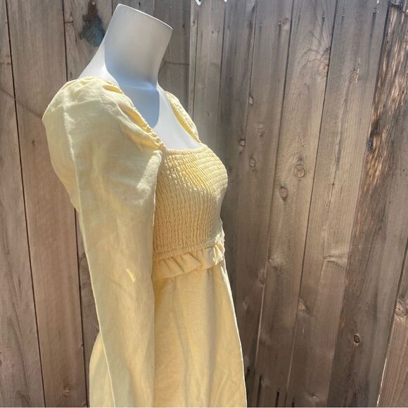 For All Mankind yellow linen Midi Dress With Puff Sleeves Ruffle Smocked Top XS - Picture 4 of 9